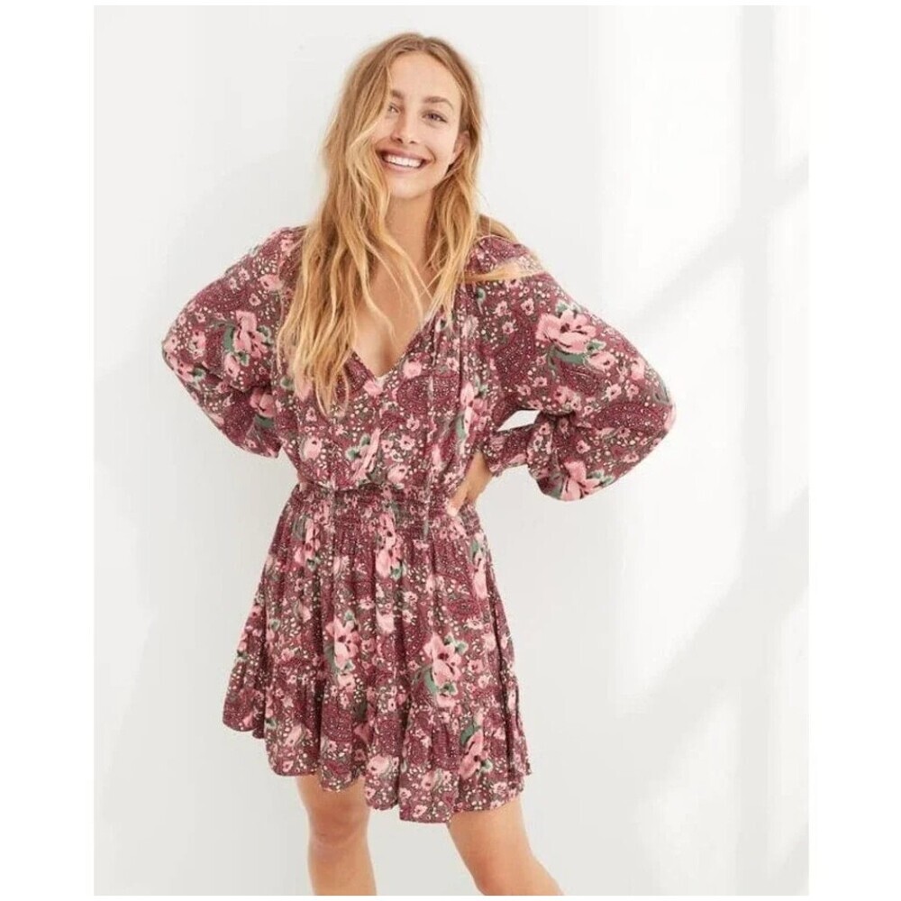 Aerie Floral Peasant Dress Long Sleeve Boho Large Flowy Cottagecore Mini